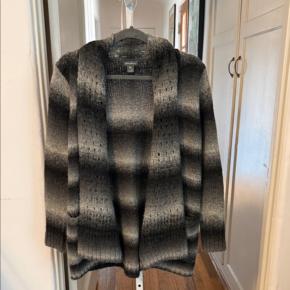 Eddie Bauer Women's Black and Gray Striped Cardigan
